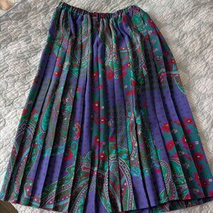 Vintage Women`s Leslie Fay Pleated Blue Green Paisley Midi Skirt Size 10
